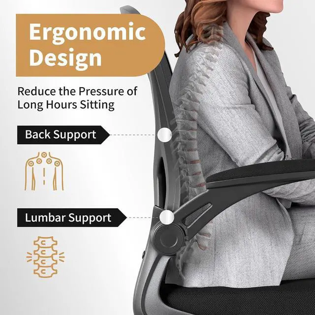 Alt view image 3 of 7 - Youhauchair Adjustable Mesh Ergonomic Office Chair with Wheels, Black | Flip-up Arms, Lumbar Support, Home Desk Chair, Height Adjustable, Breathable, Mid Back Swivel Compurter Chair, Set of 1