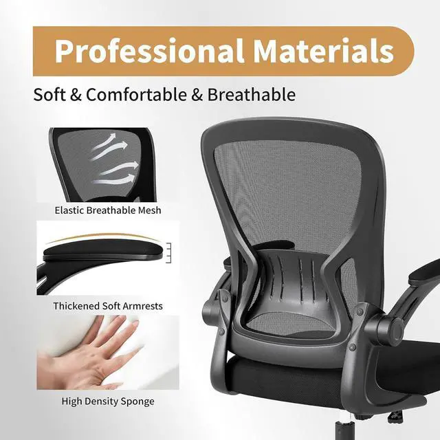 Alt view image 5 of 7 - Youhauchair Adjustable Mesh Ergonomic Office Chair with Wheels, Black | Flip-up Arms, Lumbar Support, Home Desk Chair, Height Adjustable, Breathable, Mid Back Swivel Compurter Chair, Set of 1