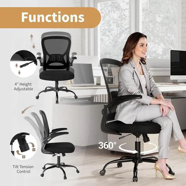 Alt view image 6 of 7 - Youhauchair Adjustable Mesh Ergonomic Office Chair with Wheels, Black | Flip-up Arms, Lumbar Support, Home Desk Chair, Height Adjustable, Breathable, Mid Back Swivel Compurter Chair, Set of 1