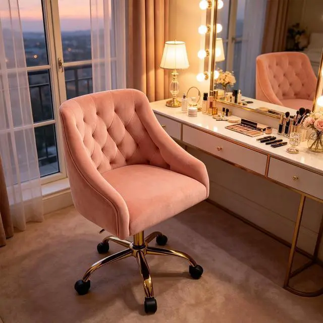 Alt view image 3 of 7 - MOJAY Velvet Home Office Desk Chair, Vanity Chair with Wheels Pretty Fancy Gold 360°Swivel Height Adjustable Office Chairs for Girls Home Offices, Bedrooms, Living Room (Pink)