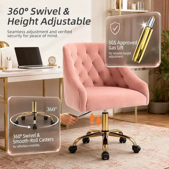 Alt view image 6 of 7 - MOJAY Velvet Home Office Desk Chair, Vanity Chair with Wheels Pretty Fancy Gold 360°Swivel Height Adjustable Office Chairs for Girls Home Offices, Bedrooms, Living Room (Pink)