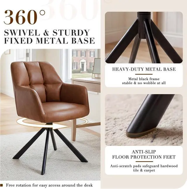 Alt view image 5 of 7 - EALSON Comfy Leather Desk Chair Modern Computer Task Chair no Wheels Swivel Accent Chair with Mid Back Arm Chair for Living Room/Bedroom/Home Office, PU Brown