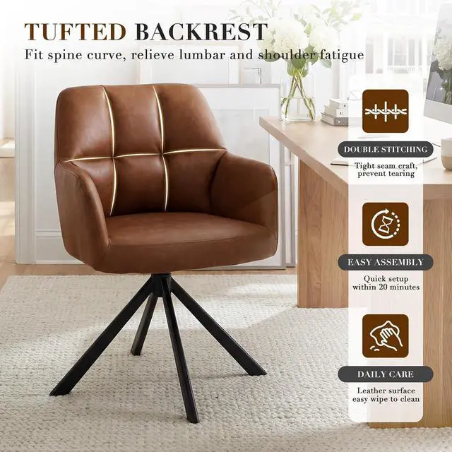 Alt view image 6 of 7 - EALSON Comfy Leather Desk Chair Modern Computer Task Chair no Wheels Swivel Accent Chair with Mid Back Arm Chair for Living Room/Bedroom/Home Office, PU Brown