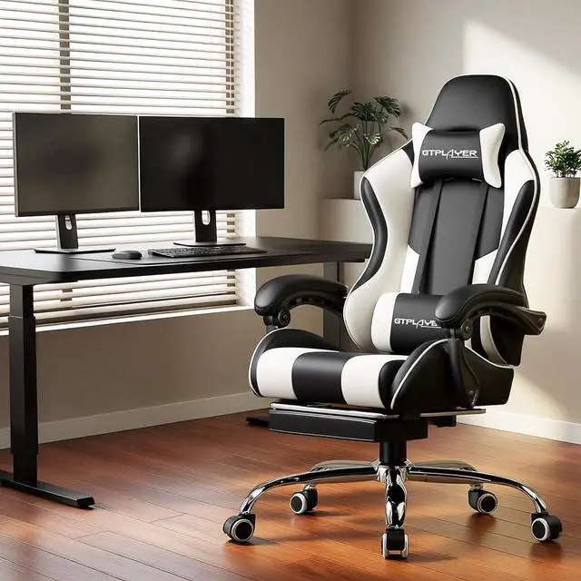 Alt view image 2 of 7 - GTPLAYER Gaming Chair, Computer Chair with Footrest and Lumbar Support, Height Adjustable Game Chair with 360°-Swivel Seat and Headrest and for Office or Gaming (White)