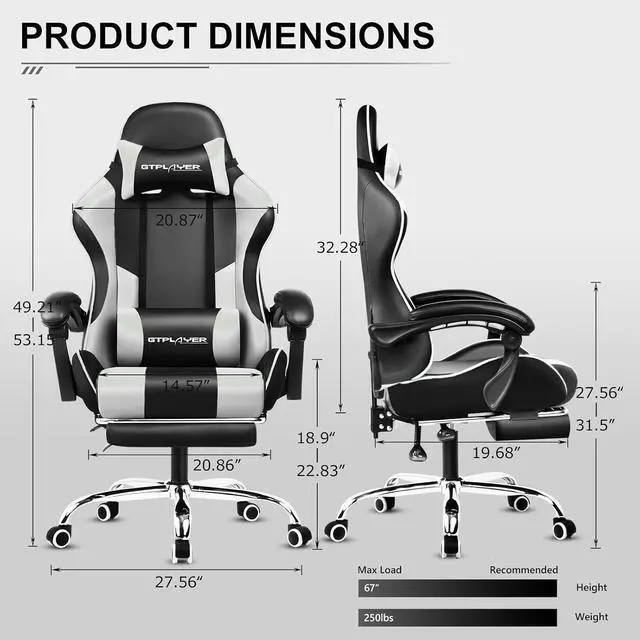 Alt view image 3 of 7 - GTPLAYER Gaming Chair, Computer Chair with Footrest and Lumbar Support, Height Adjustable Game Chair with 360°-Swivel Seat and Headrest and for Office or Gaming (White)