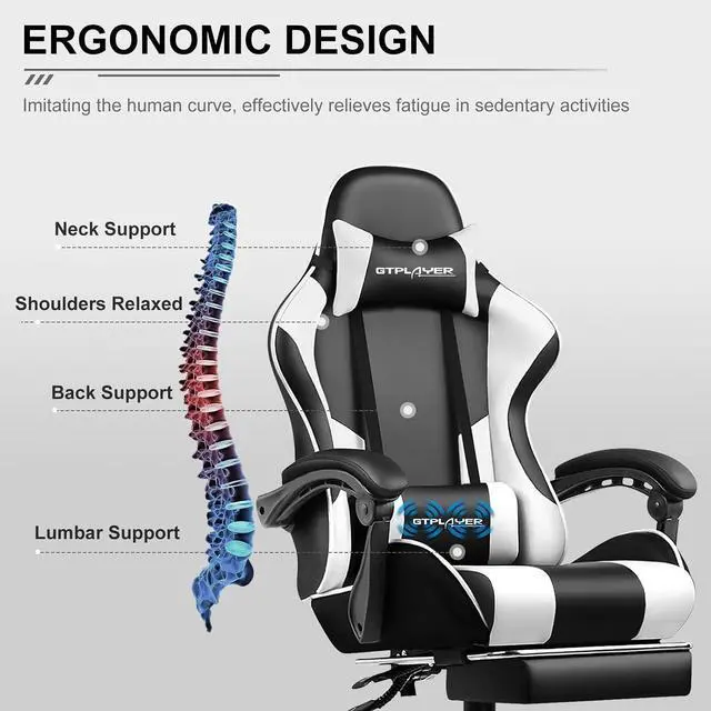 Alt view image 5 of 7 - GTPLAYER Gaming Chair, Computer Chair with Footrest and Lumbar Support, Height Adjustable Game Chair with 360°-Swivel Seat and Headrest and for Office or Gaming (White)