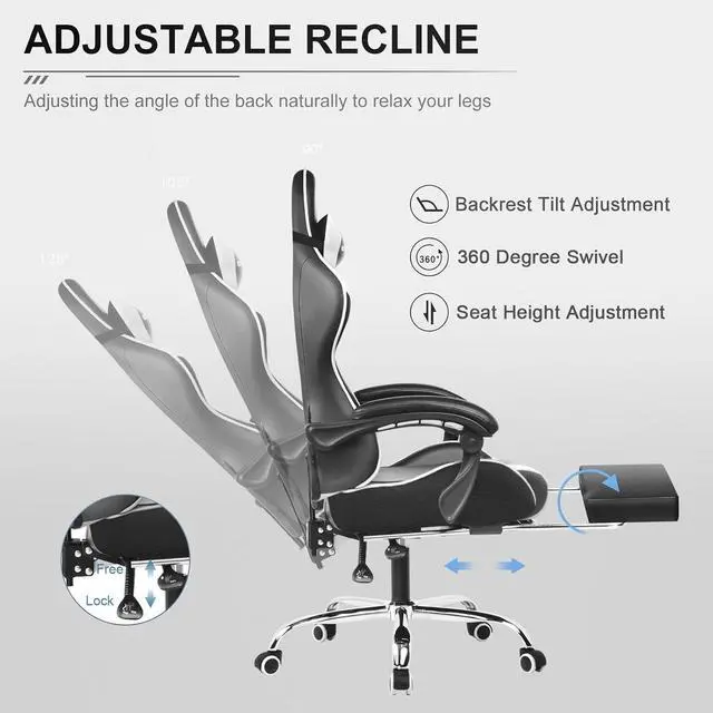 Alt view image 6 of 7 - GTPLAYER Gaming Chair, Computer Chair with Footrest and Lumbar Support, Height Adjustable Game Chair with 360°-Swivel Seat and Headrest and for Office or Gaming (White)