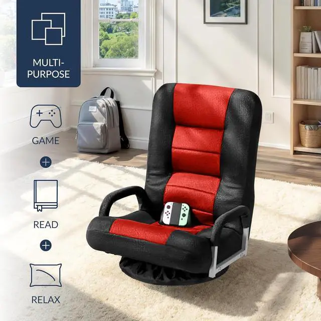 Alt view image 4 of 7 - Best Choice Products Swivel Gaming Chair 360 Degree Multipurpose Floor Chair Rocker for TV, Reading, Playing Video Games w/Lumbar Support, Armrest Handles, Adjustable Foldable Backrest - Black/Red