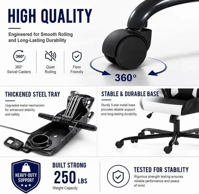 Alt view image 6 of 7 - BestOffice High-Back Gaming Chair PC Office Chair Computer Racing Chair PU Desk Task Chair Ergonomic Executive Swivel Rolling Chair with Lumbar Support for Back Pain Women, Men,White