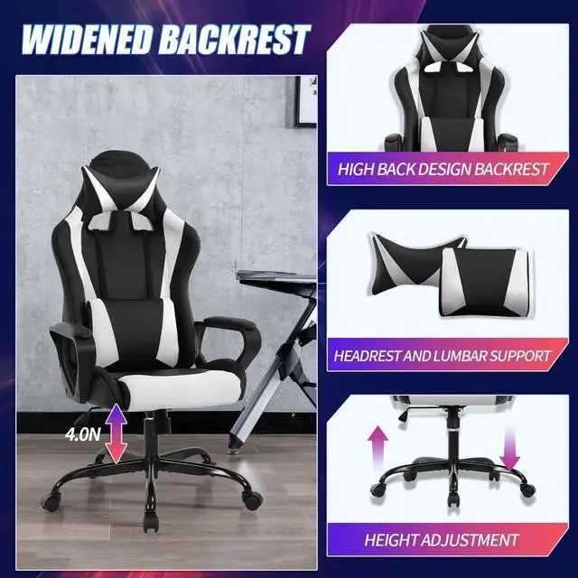 Alt view image 4 of 7 - Gaming Chair, High-Back Ergonomic Home Office Chairs for Kids, White | Height Adjustable Video Game Chair, Reclining Computer Chairs with Lumbar Support Armrest Headrest for Adults