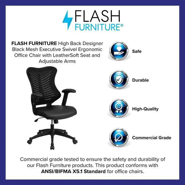 Alt view image 4 of 7 - Flash Furniture LeatherSoft Swivel Adjustable Office Chair, Black | Ergonomic, Leather soft Seat, High-Back, Mesh Back