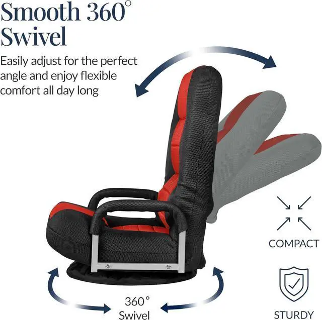 Alt view image 6 of 7 - Best Choice Products Swivel Gaming Chair 360 Degree Multipurpose Floor Chair Rocker for TV, Reading, Playing Video Games w/Lumbar Support, Armrest Handles, Adjustable Foldable Backrest - Black/Red