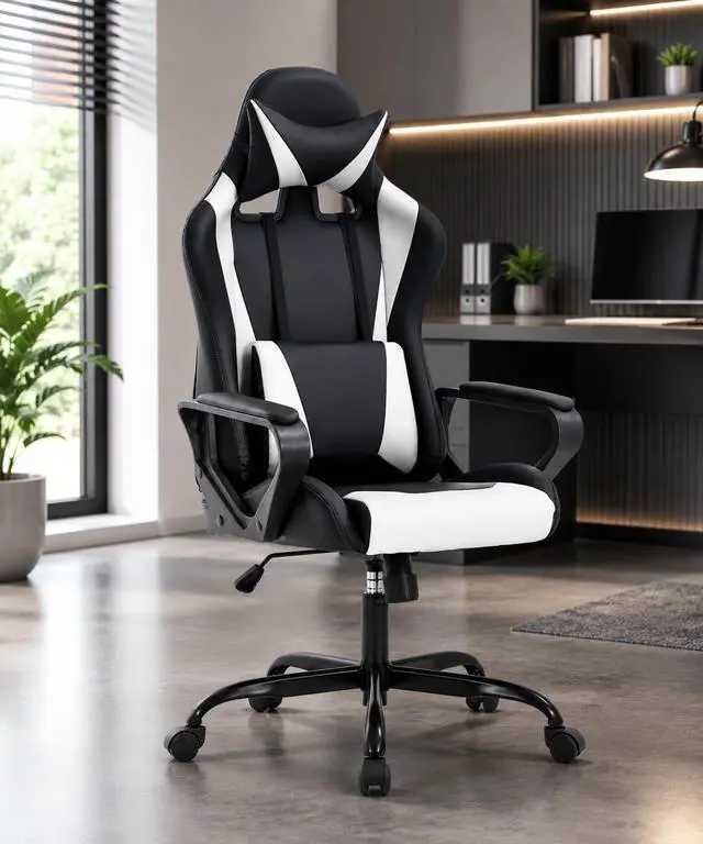 Alt view image 2 of 7 - BestOffice High-Back Gaming Chair PC Office Chair Computer Racing Chair PU Desk Task Chair Ergonomic Executive Swivel Rolling Chair with Lumbar Support for Back Pain Women, Men,White