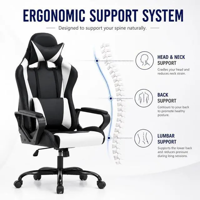 Alt view image 4 of 7 - BestOffice High-Back Gaming Chair PC Office Chair Computer Racing Chair PU Desk Task Chair Ergonomic Executive Swivel Rolling Chair with Lumbar Support for Back Pain Women, Men,White