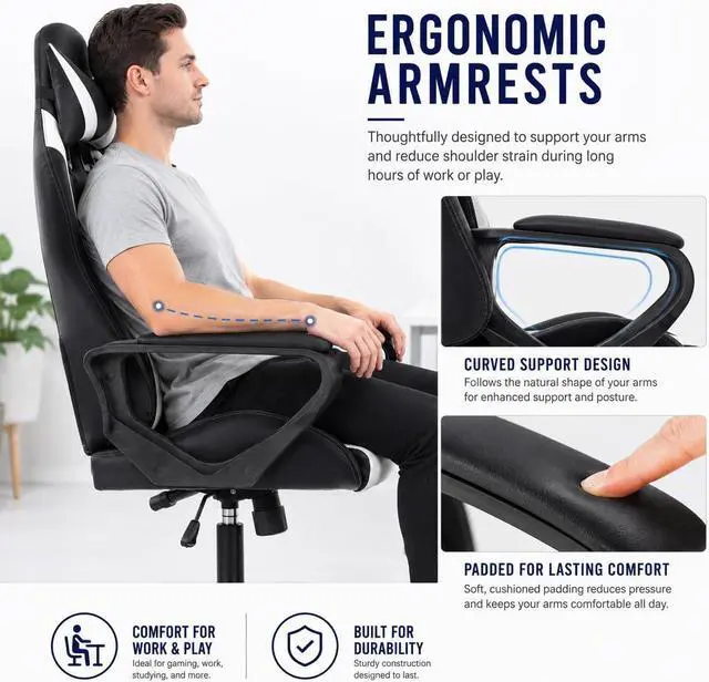 Alt view image 5 of 7 - BestOffice High-Back Gaming Chair PC Office Chair Computer Racing Chair PU Desk Task Chair Ergonomic Executive Swivel Rolling Chair with Lumbar Support for Back Pain Women, Men,White