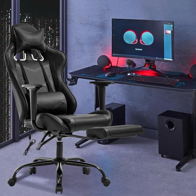 Alt view image 2 of 7 - Massage Gaming Chair with Footrest - Ergonomic PC Office Chair with Lumbar Support, Headrest, Armrest - High Back PU Leather Recliner, Heavy Duty Swivel Gamer Chair, Black
