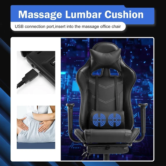Alt view image 5 of 7 - Massage Gaming Chair with Footrest - Ergonomic PC Office Chair with Lumbar Support, Headrest, Armrest - High Back PU Leather Recliner, Heavy Duty Swivel Gamer Chair, Black