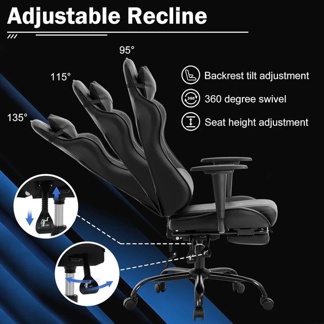 Alt view image 6 of 7 - Massage Gaming Chair with Footrest - Ergonomic PC Office Chair with Lumbar Support, Headrest, Armrest - High Back PU Leather Recliner, Heavy Duty Swivel Gamer Chair, Black