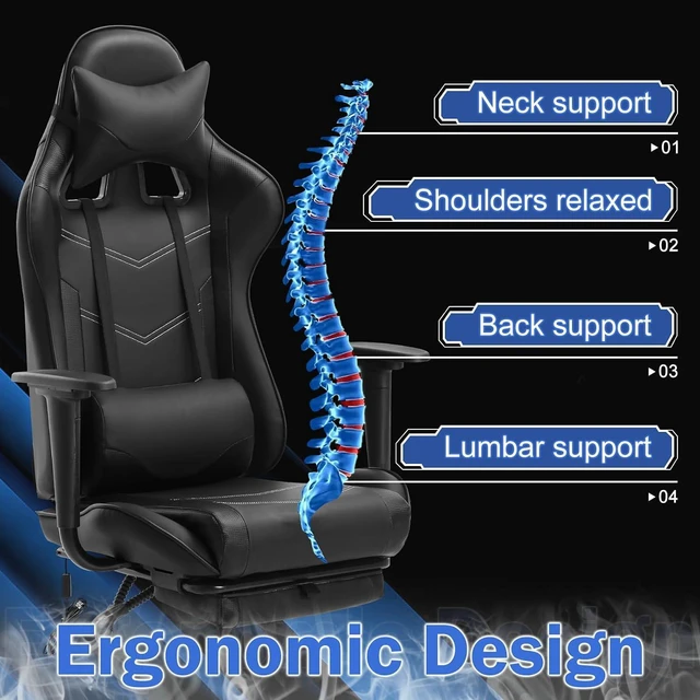 Alt view image 7 of 7 - Massage Gaming Chair with Footrest - Ergonomic PC Office Chair with Lumbar Support, Headrest, Armrest - High Back PU Leather Recliner, Heavy Duty Swivel Gamer Chair, Black