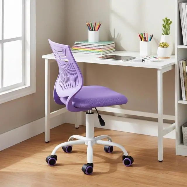 Alt view image 5 of 7 - FurnitureR Desk Chair, Armless Home Office Task Chair with Mesh Padded Cushion, Swivel Study Computer Chair with Rolling Wheels for Children Kids Teens Students, Purple
