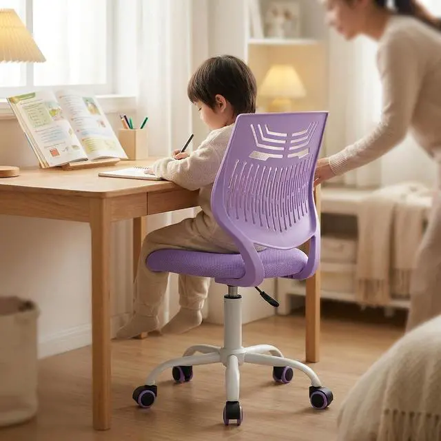 Alt view image 6 of 7 - FurnitureR Desk Chair, Armless Home Office Task Chair with Mesh Padded Cushion, Swivel Study Computer Chair with Rolling Wheels for Children Kids Teens Students, Purple