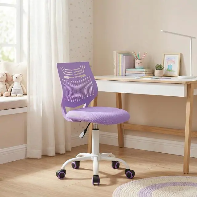 Alt view image 7 of 7 - FurnitureR Desk Chair, Armless Home Office Task Chair with Mesh Padded Cushion, Swivel Study Computer Chair with Rolling Wheels for Children Kids Teens Students, Purple