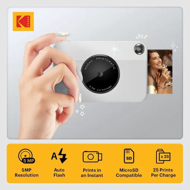 Alt view image 2 of 7 - Kodak Printomatic Instant Camera (Grey) Gift Bundle + Zink Paper (20 Sheets) + Deluxe Case + 7 Fun Sticker Sets + Twin Tip Markers + Photo Album.