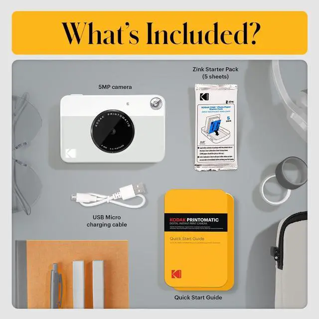 Alt view image 3 of 7 - Kodak Printomatic Instant Camera (Grey) Gift Bundle + Zink Paper (20 Sheets) + Deluxe Case + 7 Fun Sticker Sets + Twin Tip Markers + Photo Album.