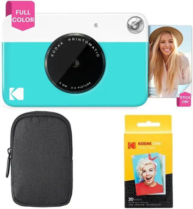 Main image of Kodak Printomatic Full-Color Instant Print Camera Starter Bundle + Carrying Case + Zink 20pk Photo Paper - Colorful Photos On 2x3 Sticky-Back Paper - Fun Gift for Birthday Christmas Holiday - Blue