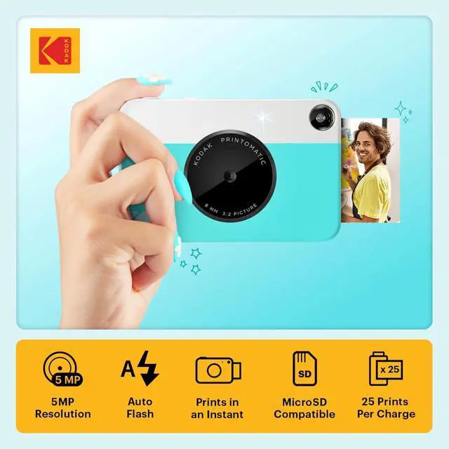 Alt view image 2 of 7 - Kodak Printomatic Full-Color Instant Print Camera Starter Bundle + Carrying Case + Zink 20pk Photo Paper - Colorful Photos On 2x3 Sticky-Back Paper - Fun Gift for Birthday Christmas Holiday - Blue
