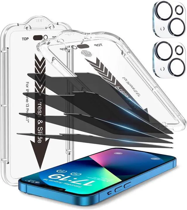 Main image of EZ-GLAZ-4+2 Pack for iPhone 13 Privacy Screen Protector (6.1") | 2-Pack Lens Protectors, Alignment Kit, Easy Installation, 9H+ Tempered Glass, Scratch Resistant, 28° Privacy Protection