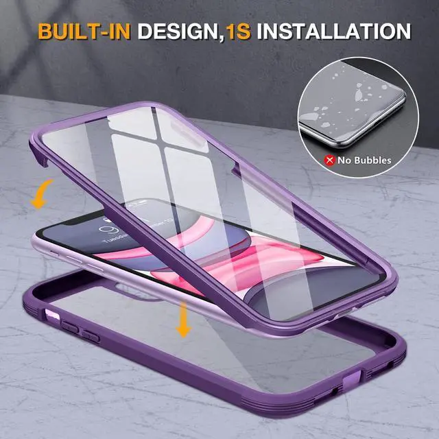 Alt view image 2 of 7 - Miracase Glass Series for iPhone 11 Case 6.1 inch, Upgraded Full-Body Rugged Phone Bumper Case Cover with Built-in 9H Tempered Glass Screen Protector and Camera Protector, Purple
