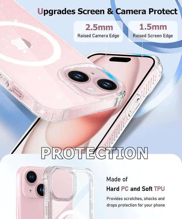 Alt view image 5 of 5 - MIODIK Magnetic for iPhone 15 Plus Case Clear Glitter, Sparkle Clear | with Screen Protector + Camera Lens Protector, Protective Shockproof Phone Case, Slim Women Girls iPhone 15Plus Cover 6.7"