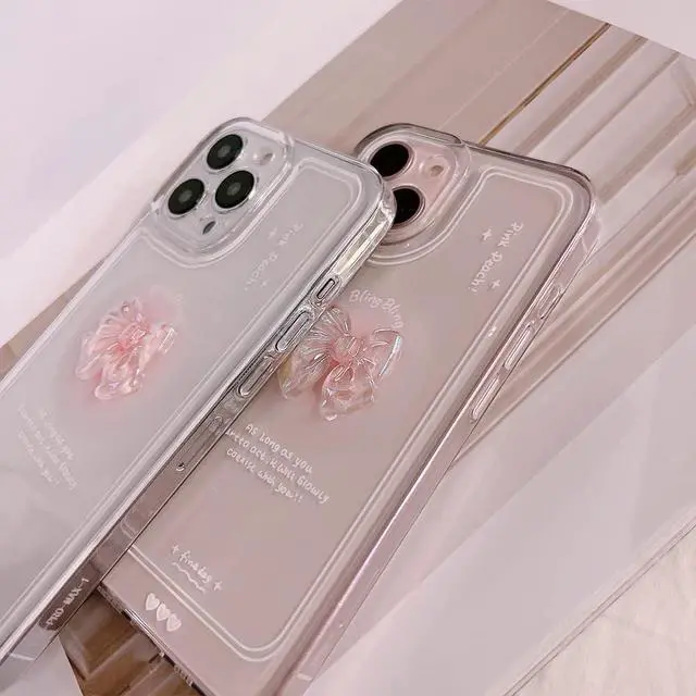 Alt view image 4 of 7 - Ownest Compatible for iPhone 12 Cute 3D Pink Bowknot Slim Clear Aesthetic Design Women Teen Girls Camera Lens Protection Phone Cases Cover