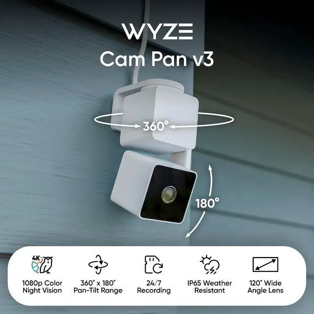 Alt view image 2 of 7 - WYZE Cam Pan v3, Indoor/Outdoor IP65-Rated 1080p Pan/Tilt/Zoom Wi-Fi Smart Home Security Camera with Color Night Vision, 2-Way Audio, Compatible with Alexa & Google Assistant
