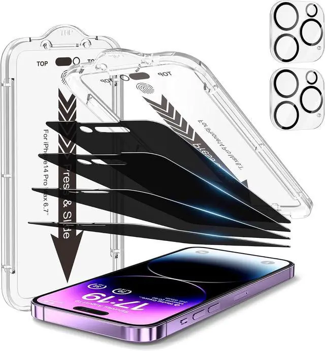 Main image of EZ-GLAZ-4+2 Pack for iPhone 14 Pro Max Privacy Screen Protector (6.7") | 2-Pack Lens Protectors, Alignment Kit, Easy Installation, 9H+ Tempered Glass, Scratch Resistant, 28° Privacy Protection