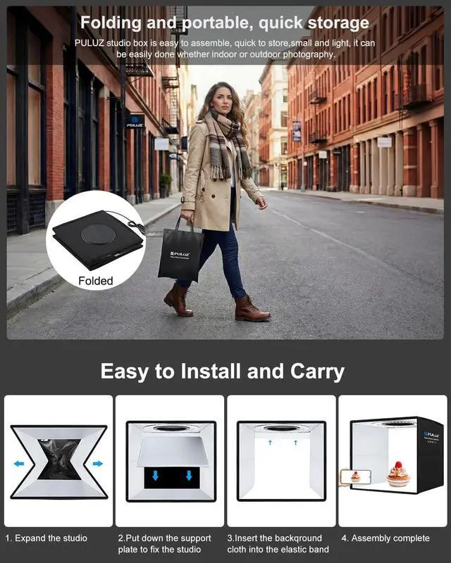 Alt view image 7 of 7 - Photo Studio Box, PULUZ 40cm Folding Lightbox 160 LED Ring Light Portable Photo Studio Photography Shooting Tent Box Kit 12 Colors Backdrops USB Light Box for Phones DSLR Camera 16 x 16 inch