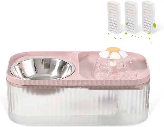 Main image of Cat Water Fountain and Food Bowl, 3L/101oz Ultra Quiet Pet Water Dispenser with Smart Pump and 3 Replacement Filters, Automatic Flower Fountain & Stainless Steel Bowl for Dog & Cat (Pink)