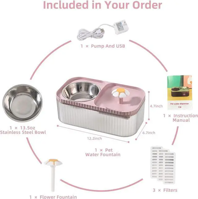 Alt view image 3 of 6 - Cat Water Fountain and Food Bowl, 3L/101oz Ultra Quiet Pet Water Dispenser with Smart Pump and 3 Replacement Filters, Automatic Flower Fountain & Stainless Steel Bowl for Dog & Cat (Pink)