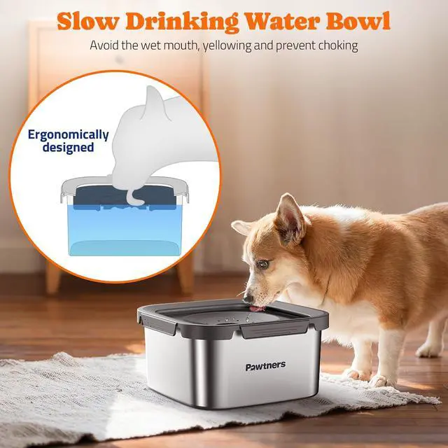 Alt view image 2 of 7 - Pawtners Stainless Steel Dog Water Bowl No Spill, 152oz/4.5L, Grey | Slow Water Bowl for Dog with Filter, Non-Slip Base, No Splash Water Bowl for Medium Large Messy Drinkers
