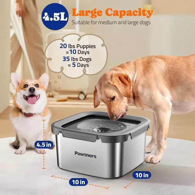Alt view image 3 of 7 - Pawtners Stainless Steel Dog Water Bowl No Spill, 152oz/4.5L, Grey | Slow Water Bowl for Dog with Filter, Non-Slip Base, No Splash Water Bowl for Medium Large Messy Drinkers