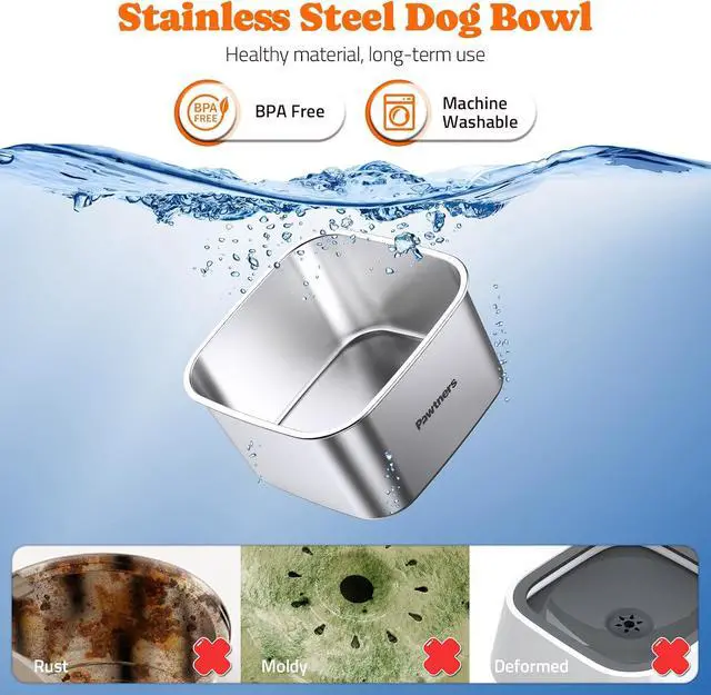 Alt view image 6 of 7 - Pawtners Stainless Steel Dog Water Bowl No Spill, 152oz/4.5L, Grey | Slow Water Bowl for Dog with Filter, Non-Slip Base, No Splash Water Bowl for Medium Large Messy Drinkers