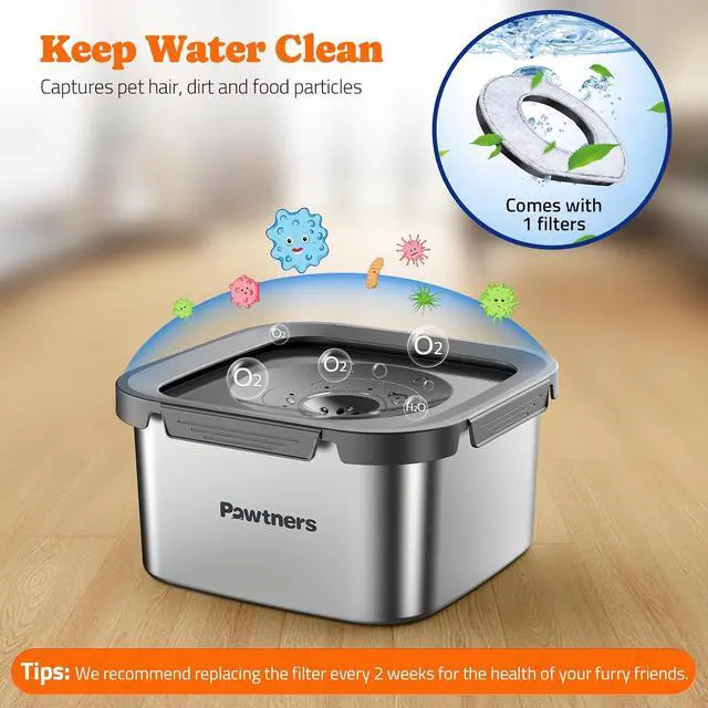 Alt view image 7 of 7 - Pawtners Stainless Steel Dog Water Bowl No Spill, 152oz/4.5L, Grey | Slow Water Bowl for Dog with Filter, Non-Slip Base, No Splash Water Bowl for Medium Large Messy Drinkers