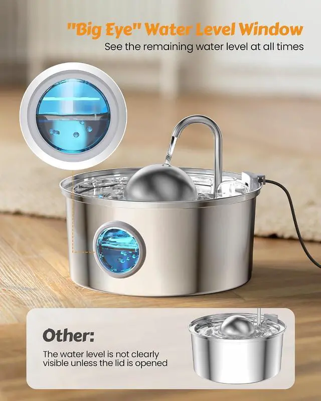 Alt view image 2 of 7 - AONBOY Cat Water Fountain Stainless Steel, 108oz/3.2L Cat Fountain, Pet Water Fountain with Water Level Window, Hemispherical Shape, Multi-Filter, Silent Pump, Water Tap, Provides Flowing Water