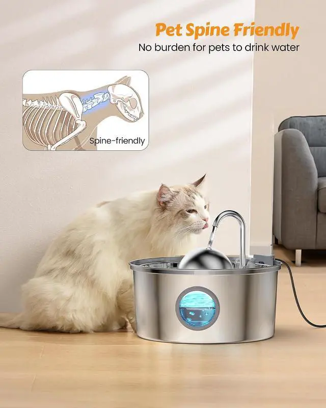 Alt view image 4 of 7 - AONBOY Cat Water Fountain Stainless Steel, 108oz/3.2L Cat Fountain, Pet Water Fountain with Water Level Window, Hemispherical Shape, Multi-Filter, Silent Pump, Water Tap, Provides Flowing Water
