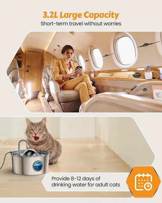 Alt view image 5 of 7 - AONBOY Cat Water Fountain Stainless Steel, 108oz/3.2L Cat Fountain, Pet Water Fountain with Water Level Window, Hemispherical Shape, Multi-Filter, Silent Pump, Water Tap, Provides Flowing Water