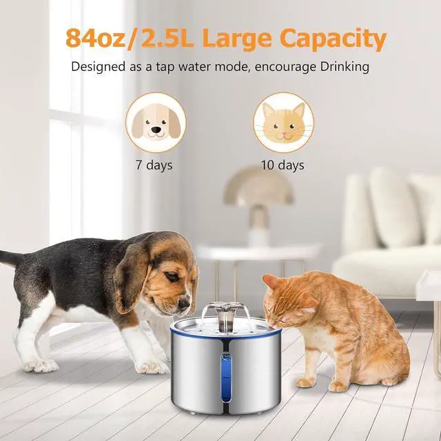 Alt view image 3 of 6 - BOORCA Cat Fountain, 84oz/2.5L Stainless Steel Pet Water Fountain, Automatic Dog Water Dispenser, Water Level Window, Ultra-Quiet Pump, Perfect for Cats, Dogs and Multiple Pets, 4 Filters