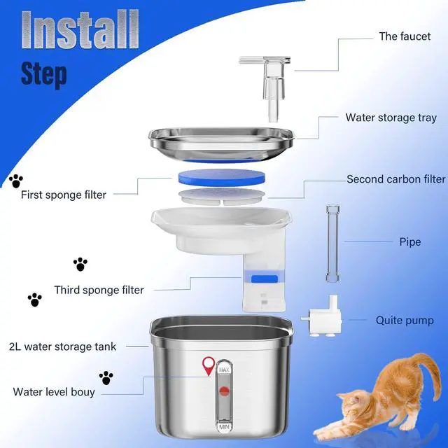 Alt view image 3 of 7 - Homtyler Cat Water Fountain, Stainless Steel Pet Water Fountain for Cats Inside, 3 Filters&Ultra-Quiet Pump, 2.2L/73oz Automatic Dog Dispenser Water Bowl, Multiple Pets Water Fountain