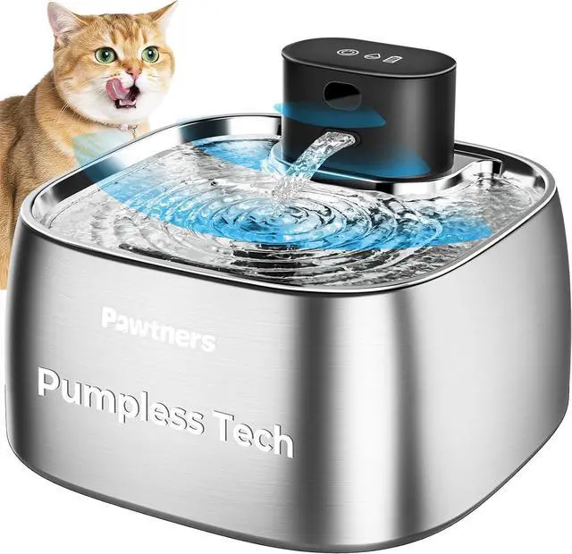 Main image of Pawtners Pumpless Cat Water Fountain Stainless Steel 108oz/3.2L, 3 Modes | Automatic Cordless Pet Water Dispenser,Easy Clean,Silent Smart Host,150°Sensor,Motion/Timed/Continuous Mode