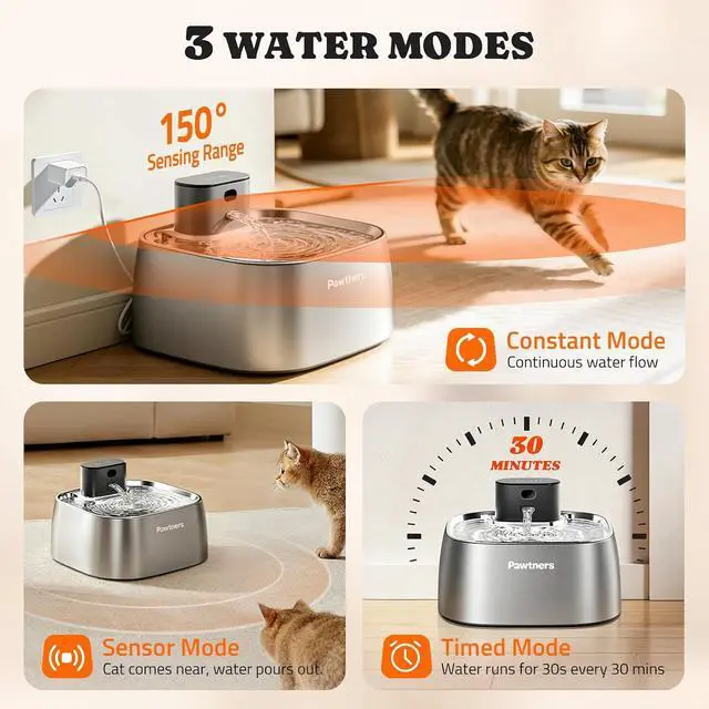 Alt view image 2 of 7 - Pawtners Pumpless Cat Water Fountain Stainless Steel 108oz/3.2L, 3 Modes | Automatic Cordless Pet Water Dispenser,Easy Clean,Silent Smart Host,150°Sensor,Motion/Timed/Continuous Mode